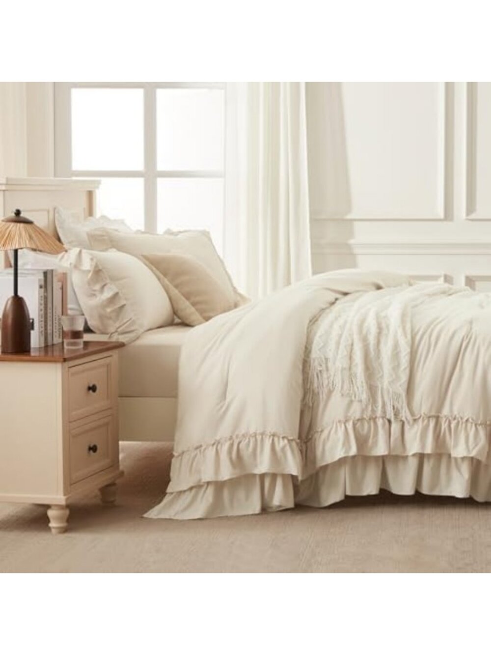 Beige Ruffle Full Size Comforter Set - 3 Piece Cozy Bedding Ensemble - Picture 5 of 6